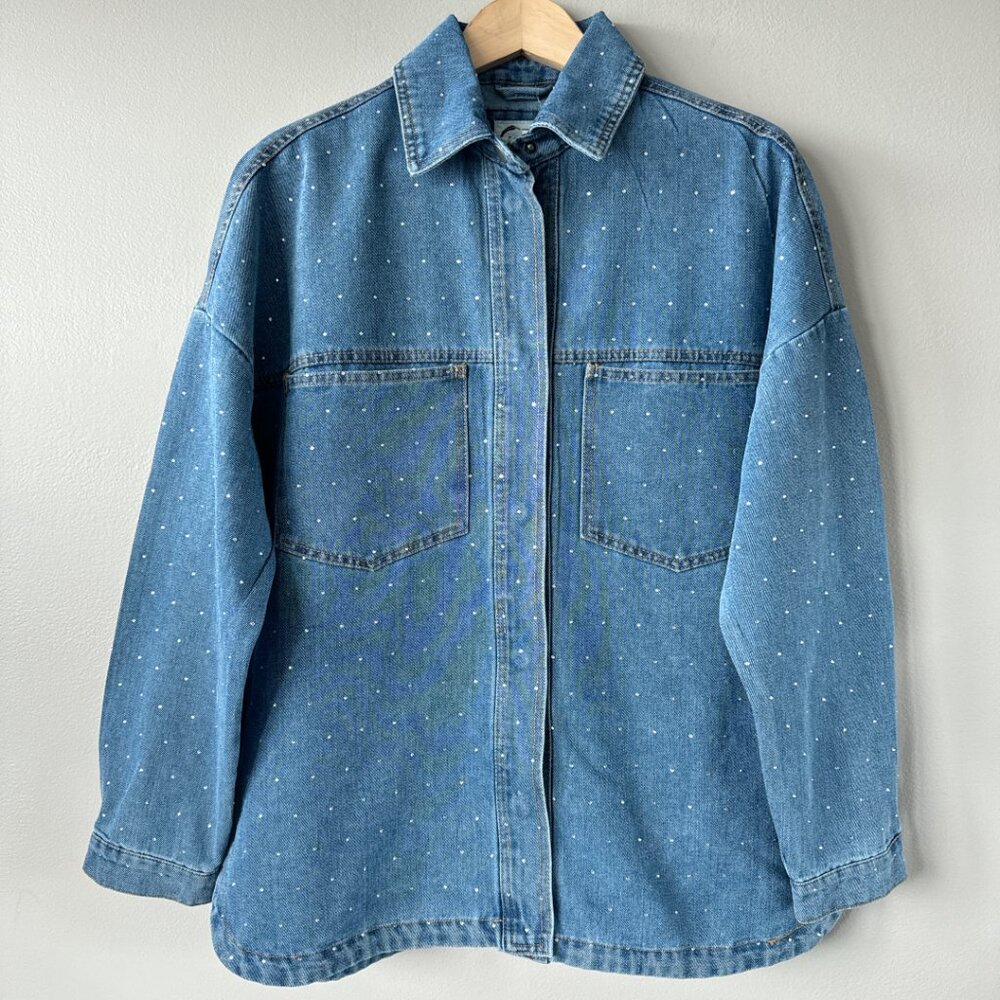Stoosh Rhinestone Studded Denim Shacket LG NWT Western Cowboy Core Jacket